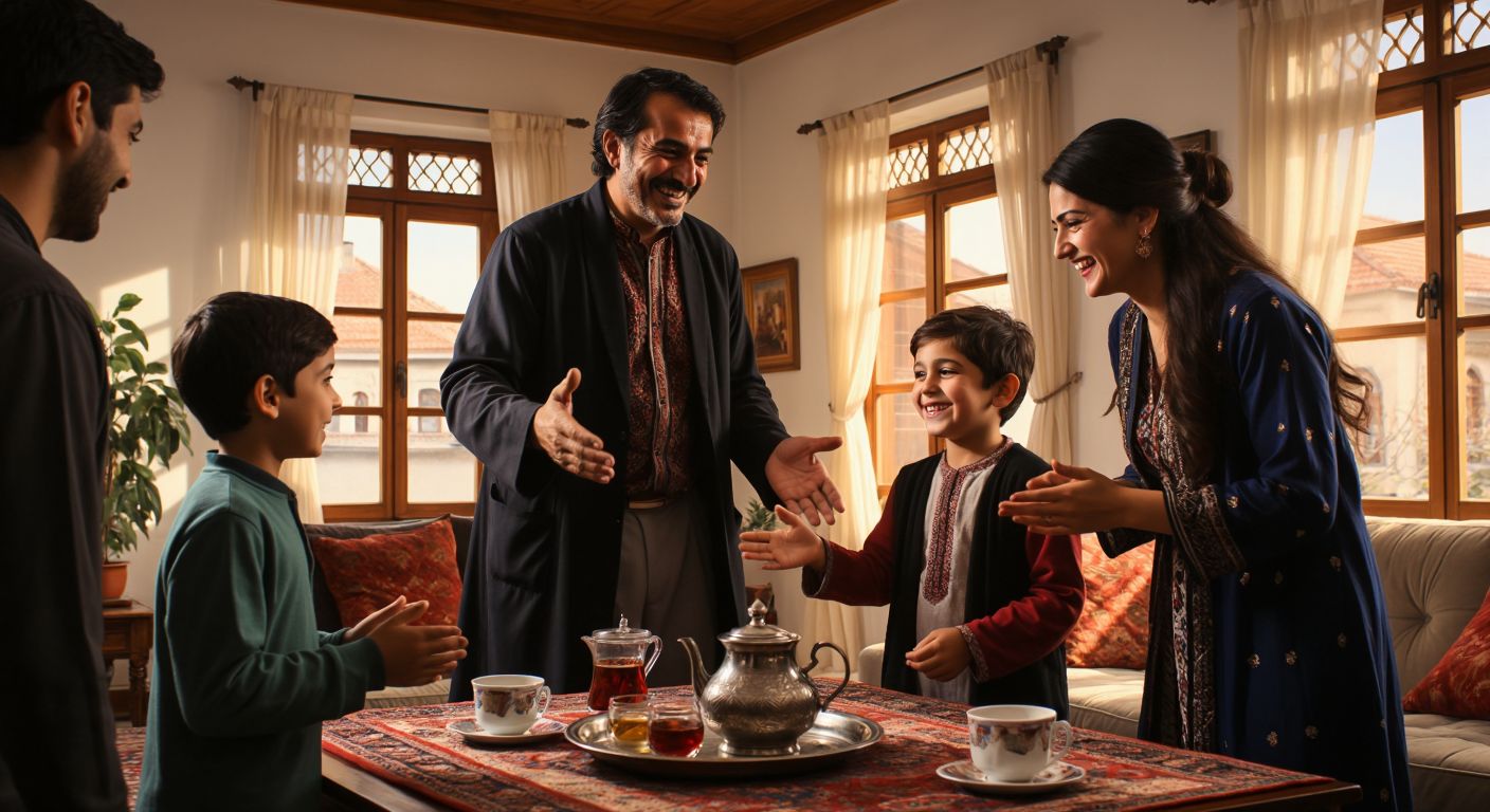 A cheerful Turkish host in a bright living room warmly greeting a smiling family, with a camera crew capturing their interaction and traditional Turkish tea served on a tray in the background.