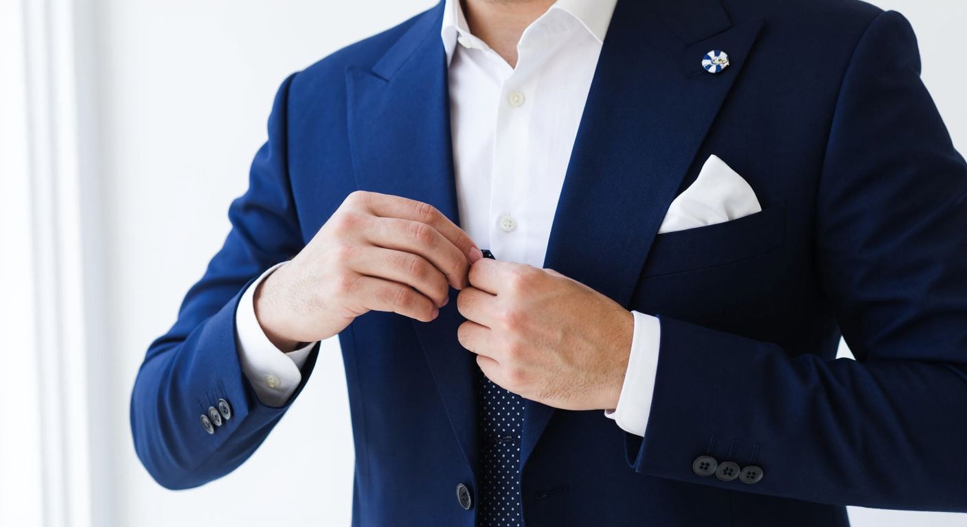 A well-dressed Turkish man in a crisp navy suit carefully folds a white pocket square with a pointed tip facing upward before tucking it neatly into his breast pocket.