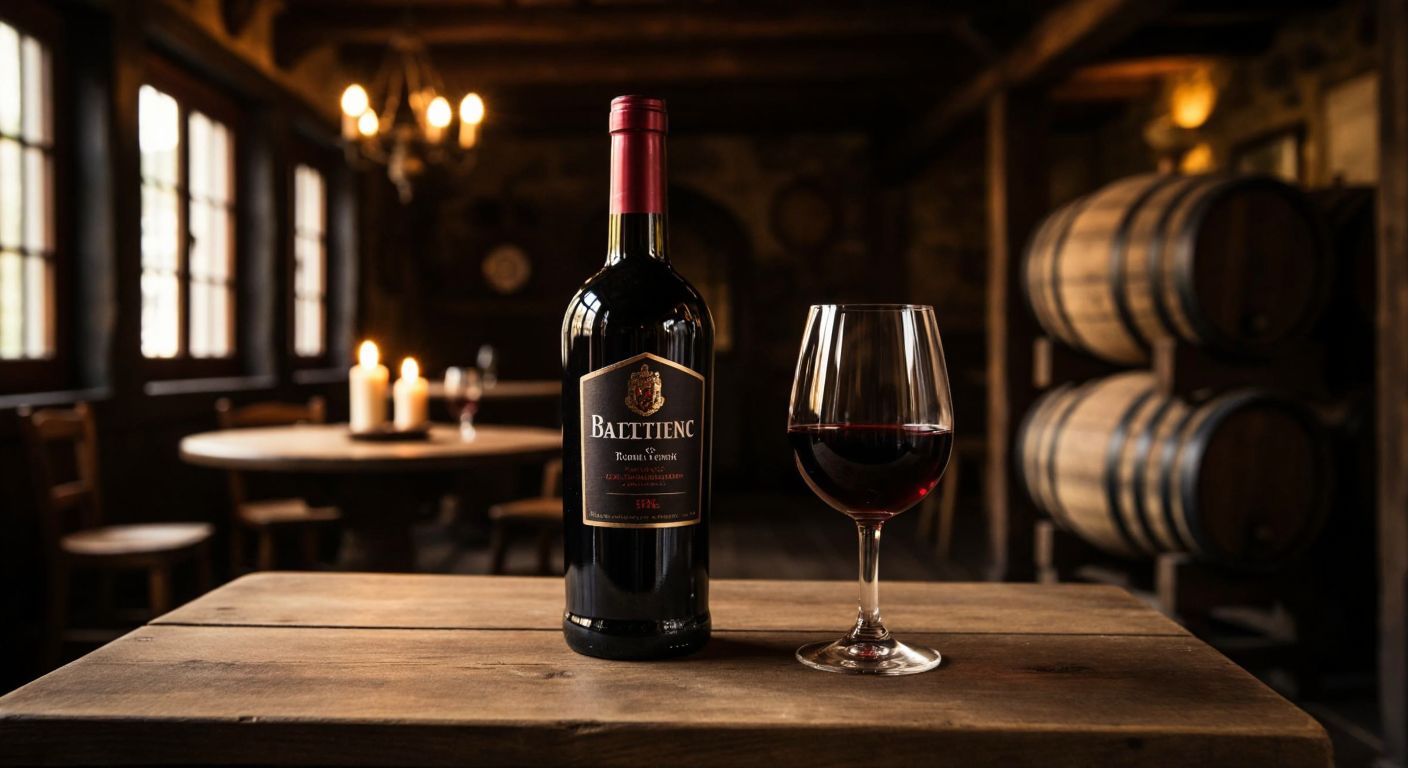 A rustic wooden table in a cozy Portuguese tavern holds a dark glass bottle of port wine and a half-filled glass with deep red liquid, surrounded by barrels and dim candlelight.