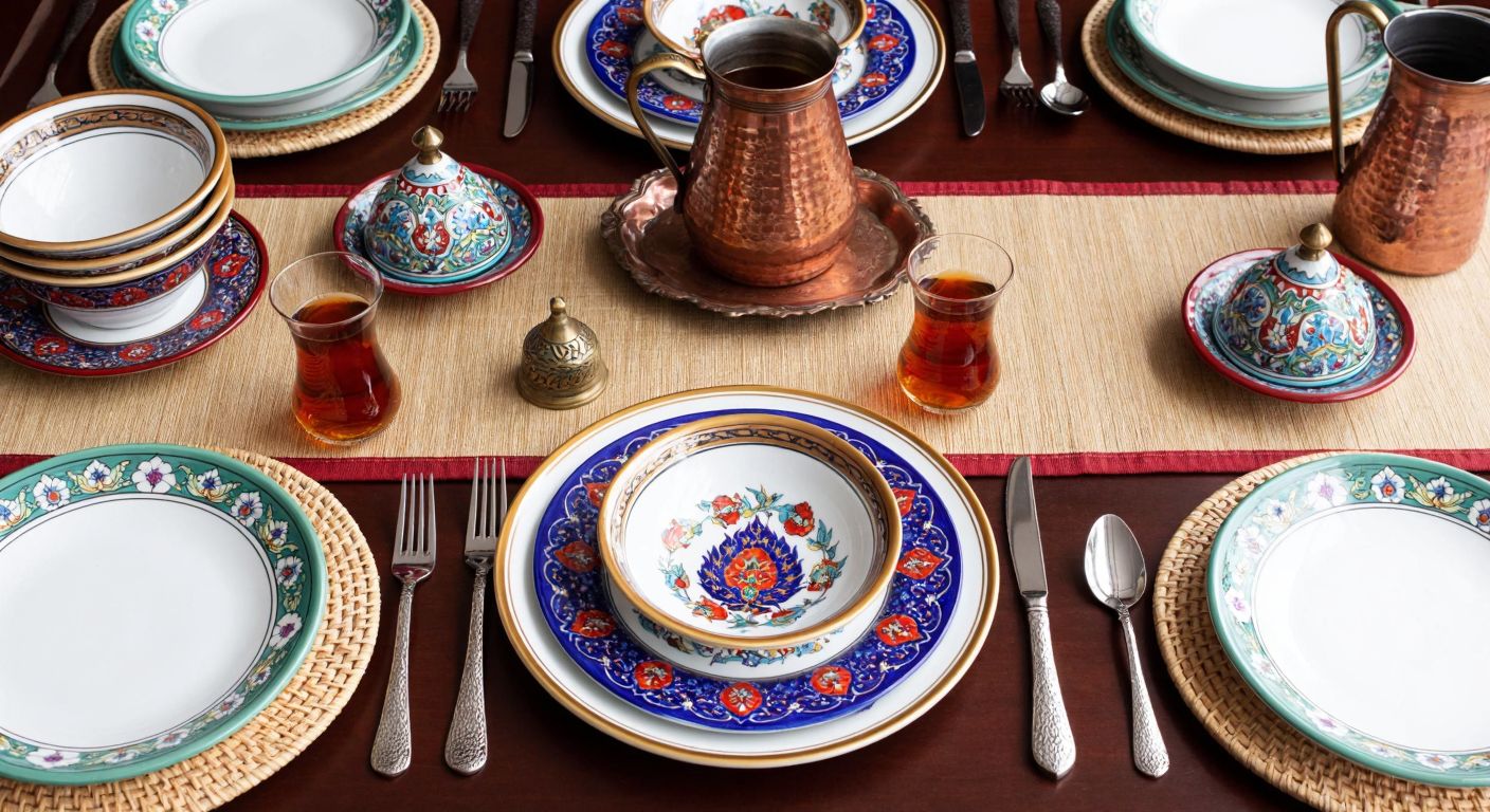 A beautifully arranged Turkish dining table with ornate porcelain plates, polished cutlery, delicate tea glasses, and a woven table runner, surrounded by colorful ceramic bowls and a copper water pitcher.