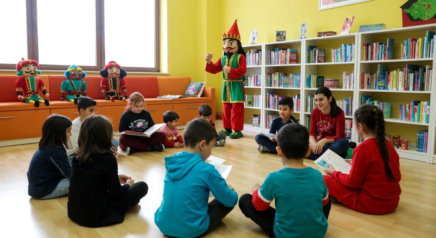 A vibrant children's library in Turkey with kids engaged in activities like building robots, folding origami, watching a Hacivat and Karagöz shadow play, and sitting in a circle for storytime, surrounded by colorful bookshelves and smiling librarians.