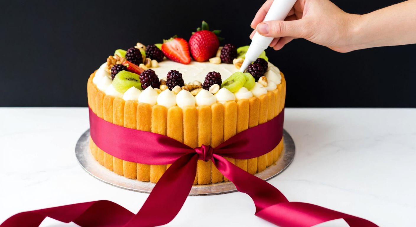 A vibrant Turkish cake decorated with a satin ribbon wrapped around its base, topped with fresh fruits and nuts, while a hand carefully applies buttercream to secure the ribbon.
