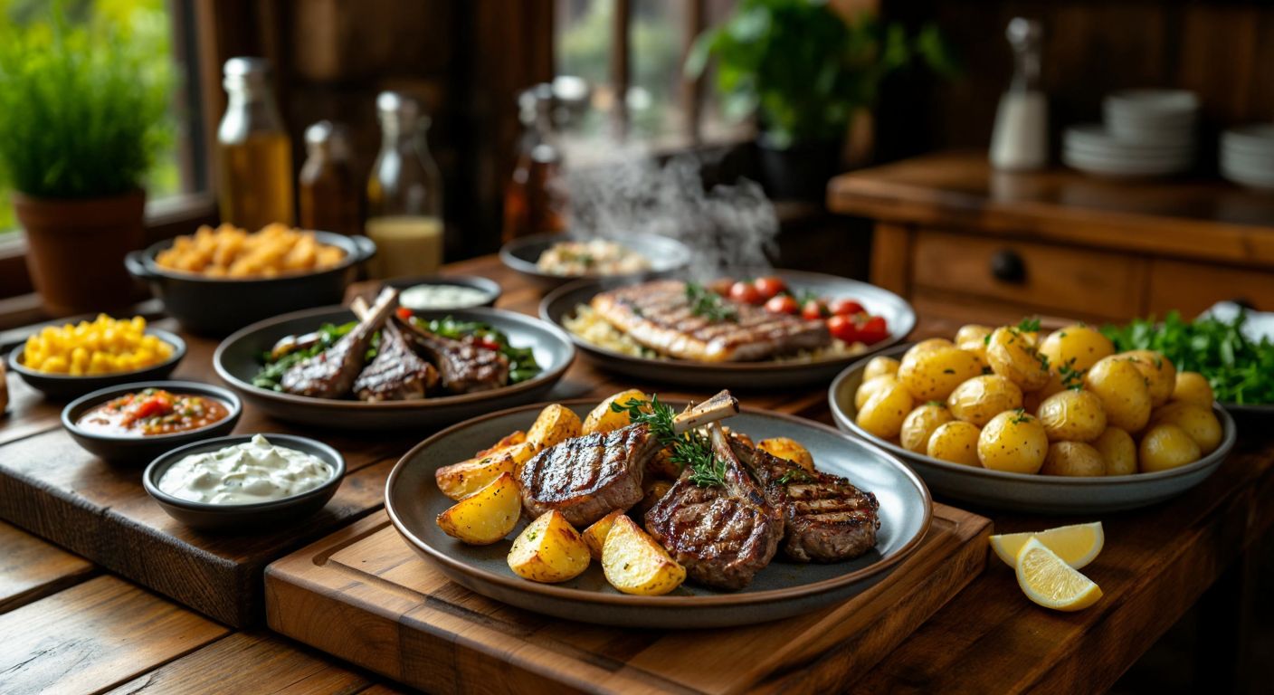 A rustic wooden table in a Turkish kitchen holds a steaming plate of golden baby potatoes alongside grilled lamb chops, a fresh fish dish, and small bowls of yogurt-garlic sauce and mustard, evoking warmth and hearty flavors.