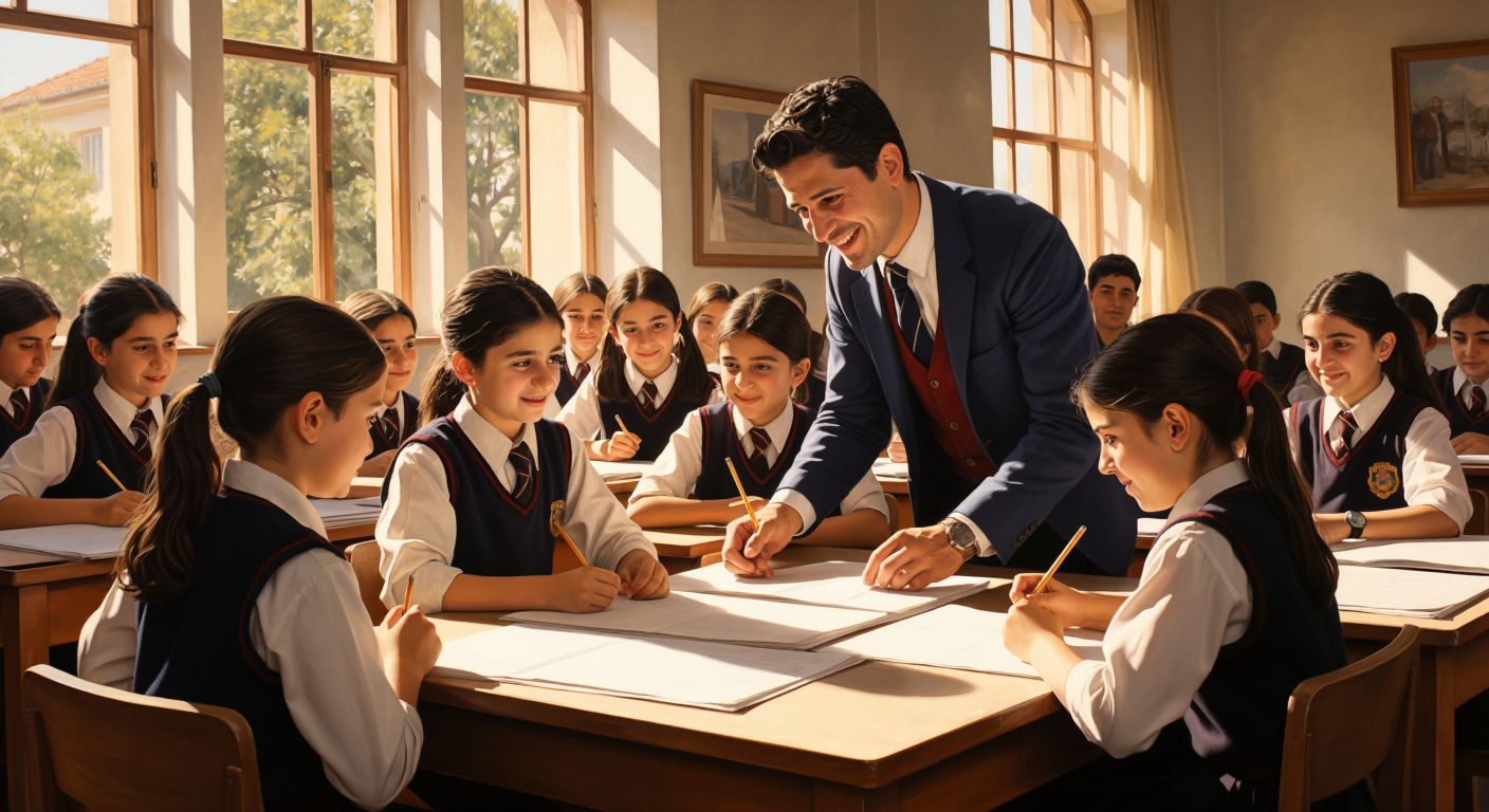 A group of Turkish middle school students in uniforms sit at wooden desks in a sunlit classroom, nervously gripping pencils while a teacher hands out exam papers with a reassuring smile.