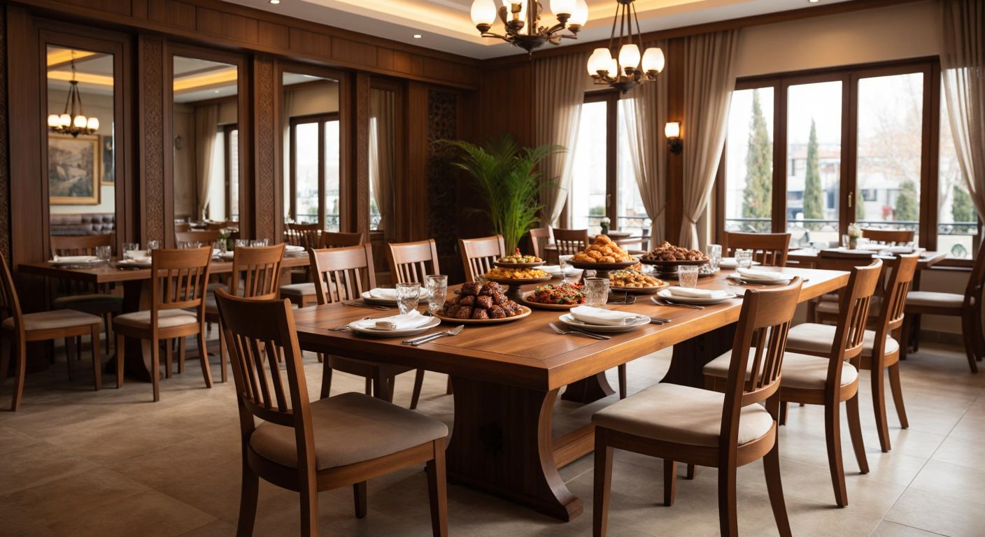 A warm Turkish dining room with a wooden rectangular table set for six people alongside a smaller square table set for four, both adorned with traditional dishes like kebabs and baklava, highlighting their shape and seating differences.