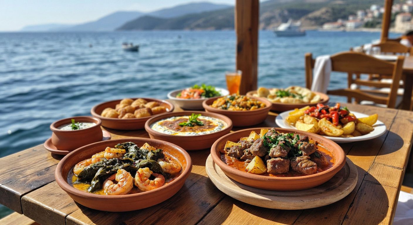 A sunlit wooden table in a seaside tavern in Foça, Turkey, laden with vibrant dishes: golden-brown ekmek dolması, creamy yoğurtlu kupes, fresh semizotu cacık in a clay bowl, sizzling karides güveç in a terracotta pot, and a plate of çökertme kebabı with tender meat and crispy potatoes, surrounded by the sparkling Aegean Sea in the background.