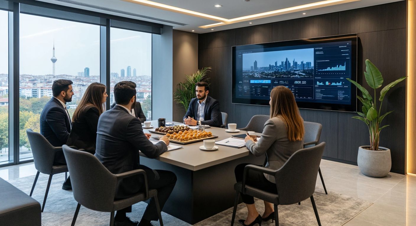 A sleek, modern office in Istanbul with professionals in business attire analyzing real estate data on a large screen, while a separate group discusses investment strategies over Turkish coffee and baklava.