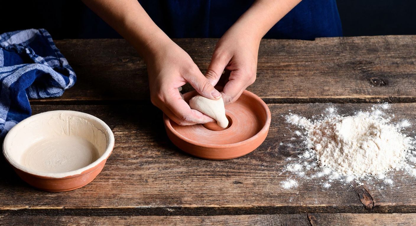 A pair of hands shaping soft, beige clay into a small ashtray on a rustic wooden table, with a bowl of salt dough and scattered flour nearby, evoking a traditional Turkish craft workshop.