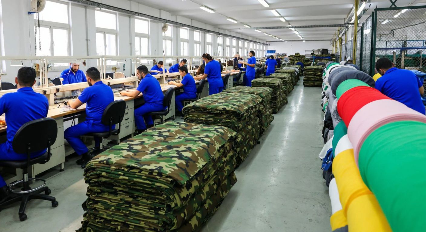 A bustling textile factory in Turkey with workers in blue uniforms sewing military garments and stacks of camouflage fabric in Manisa, alongside another scene in Denizli showing rolls of colorful fabric being loaded for export.