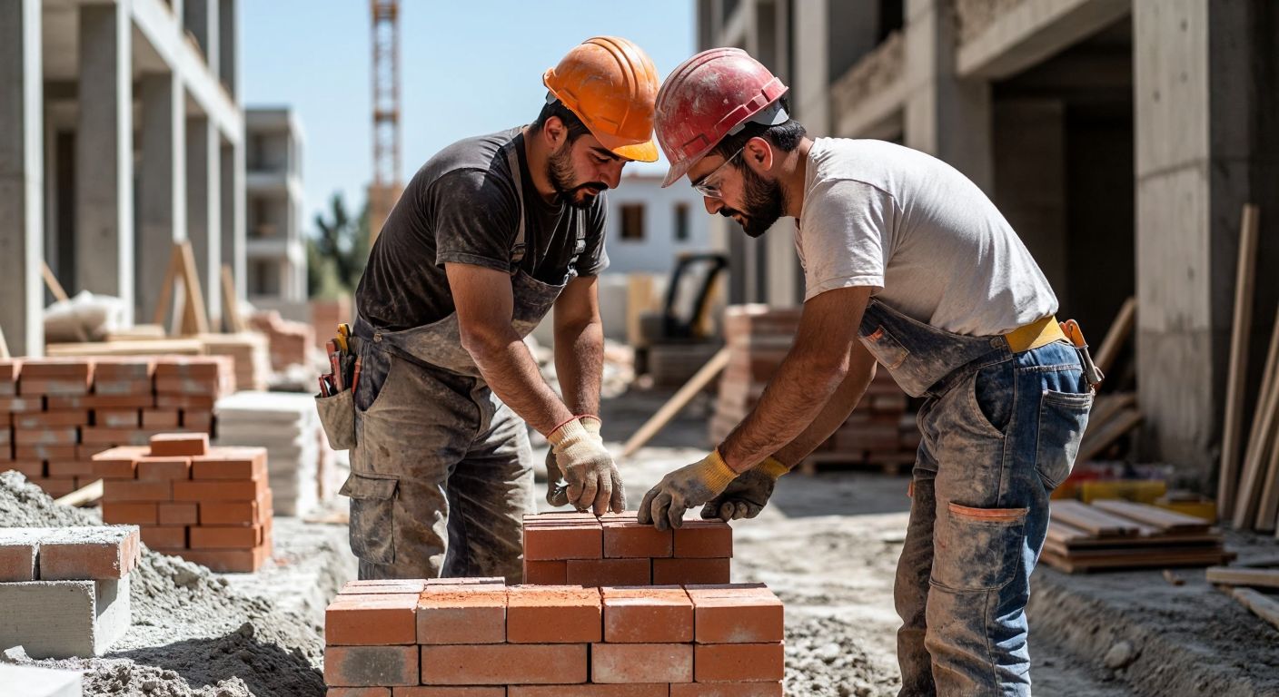 A Turkish construction worker in a hard hat and dusty overalls carefully lays red bricks under the watchful eye of a well-dressed property owner, with stacks of materials and tools scattered around a half-built wall in a sunny urban construction site.