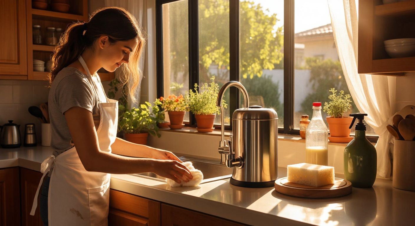 A stainless steel water dispenser in a sunlit Turkish home kitchen, with a sponge and white vinegar bottle nearby, while a woman in an apron carefully wipes the dispenser's tap.