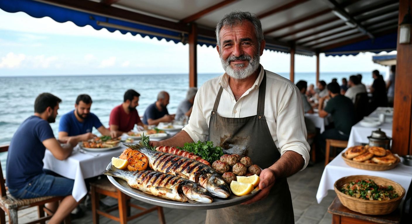 A bustling seaside restaurant in Trabzon with a weathered fisherman proudly presenting a platter of freshly grilled fish and Akçaabat meatballs, surrounded by happy diners enjoying the meal against a backdrop of the Black Sea.