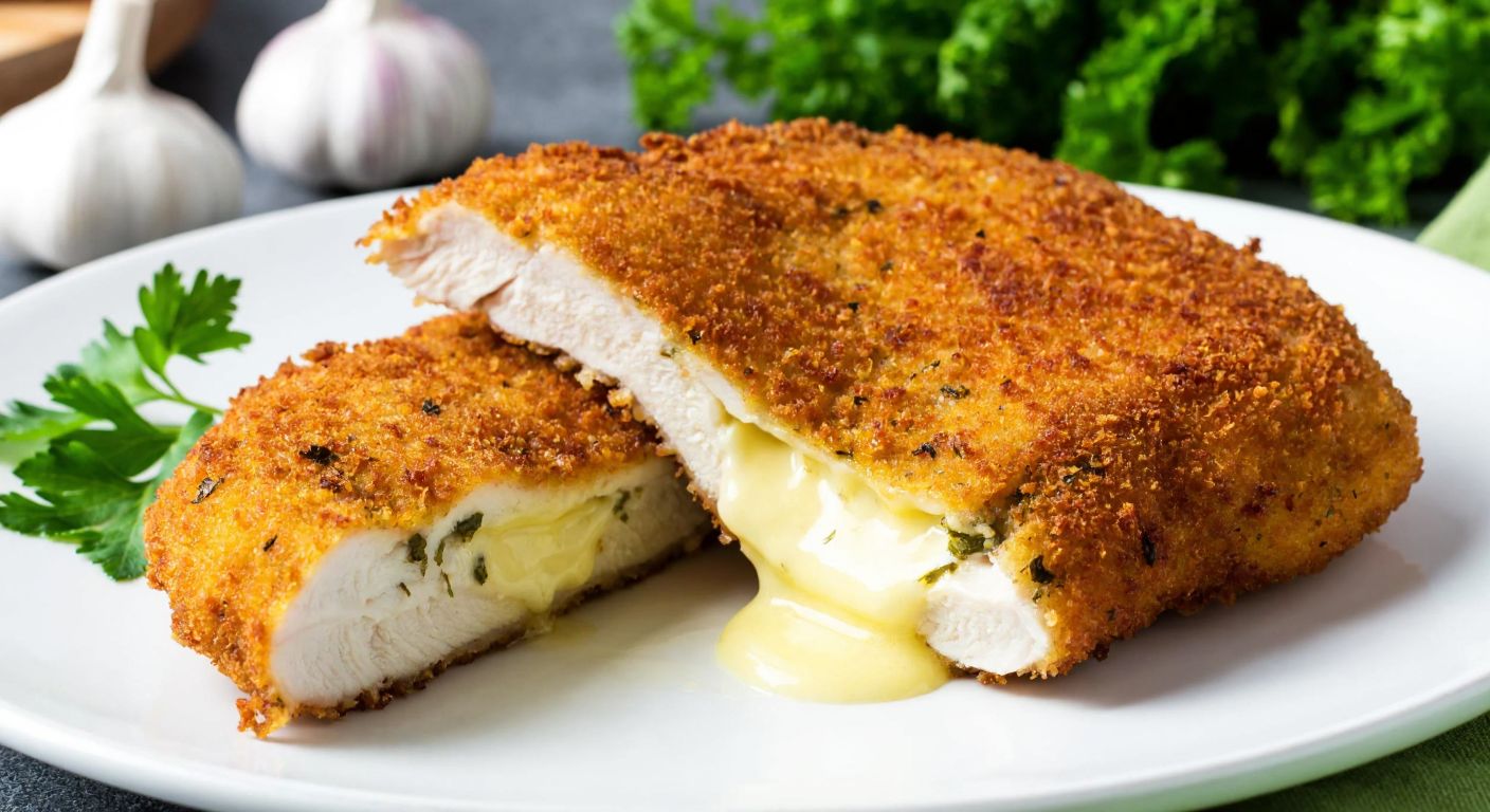 A golden-brown, crispy breaded chicken cutlet on a white plate, sliced open to reveal melted herb-infused butter oozing out, with fresh parsley and garlic cloves scattered nearby.
