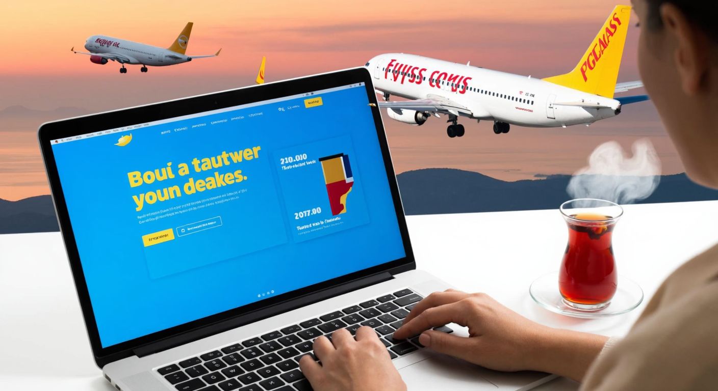 A person in Turkey excitedly browsing a laptop screen displaying colorful travel deals, with a Pegasus Airlines plane flying in the background and a steaming cup of Turkish tea beside them.
