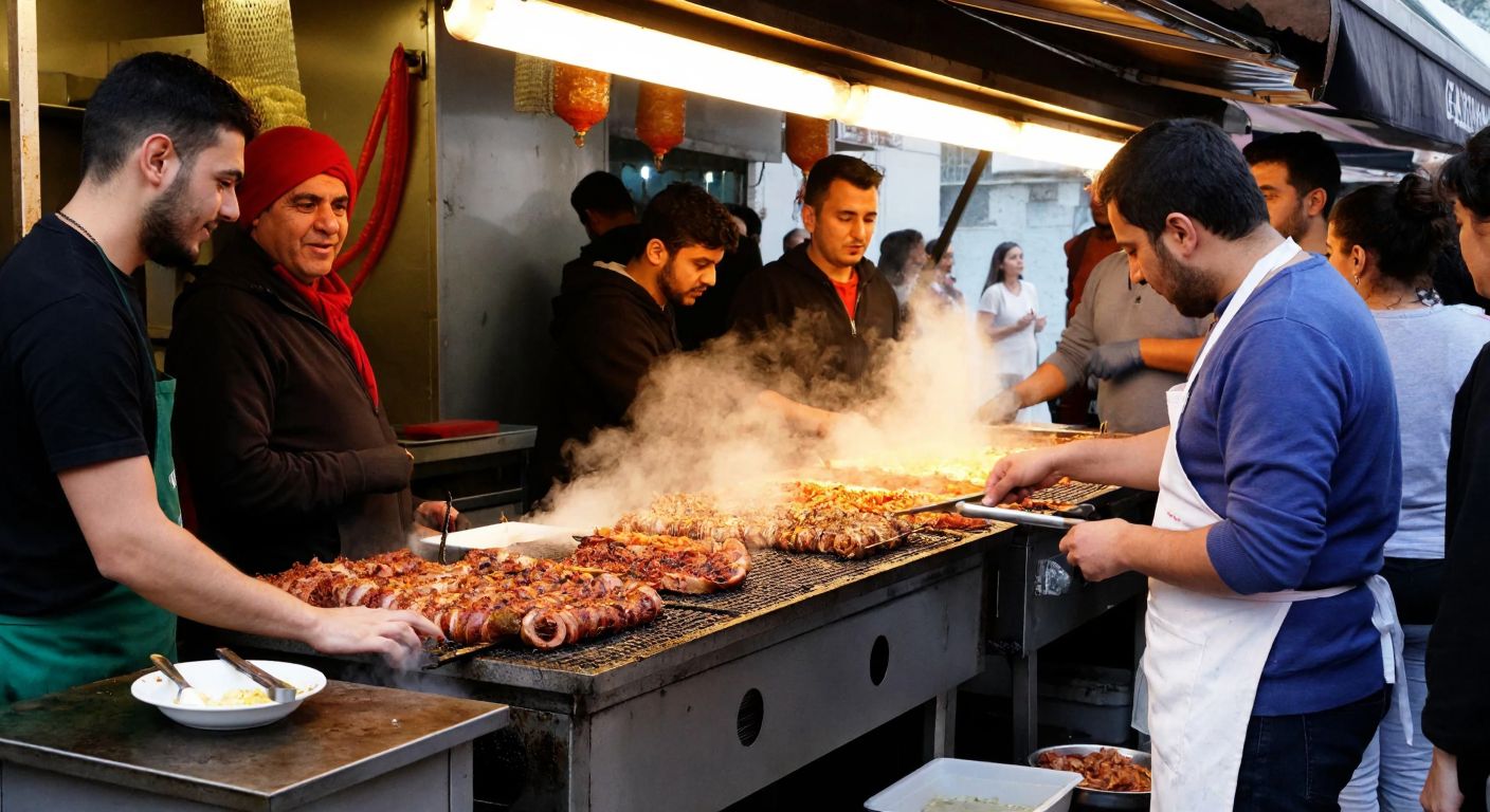 A bustling street food stall in Turkey, with sizzling kokoreç on a grill, surrounded by eager customers of diverse ages, their faces lit with anticipation and delight, while the vendor in a white apron expertly prepares the dish amidst steam and aromatic spices.