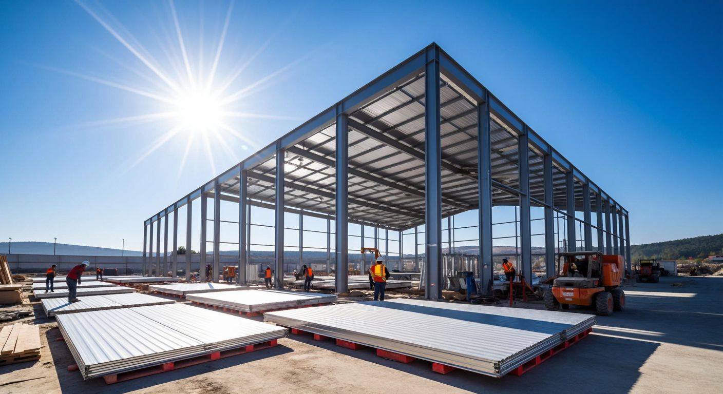 A modern steel-framed industrial building under construction in Turkey, with workers assembling prefabricated metal panels under a bright sun, conveying efficiency and innovation.