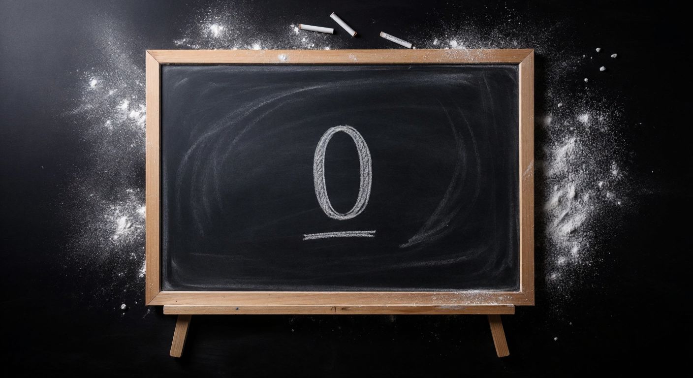 A lone, empty chalkboard with a faint "0" erased in the center, surrounded by scattered chalk dust, symbolizing the concept of zero's unchanging nature when squared.