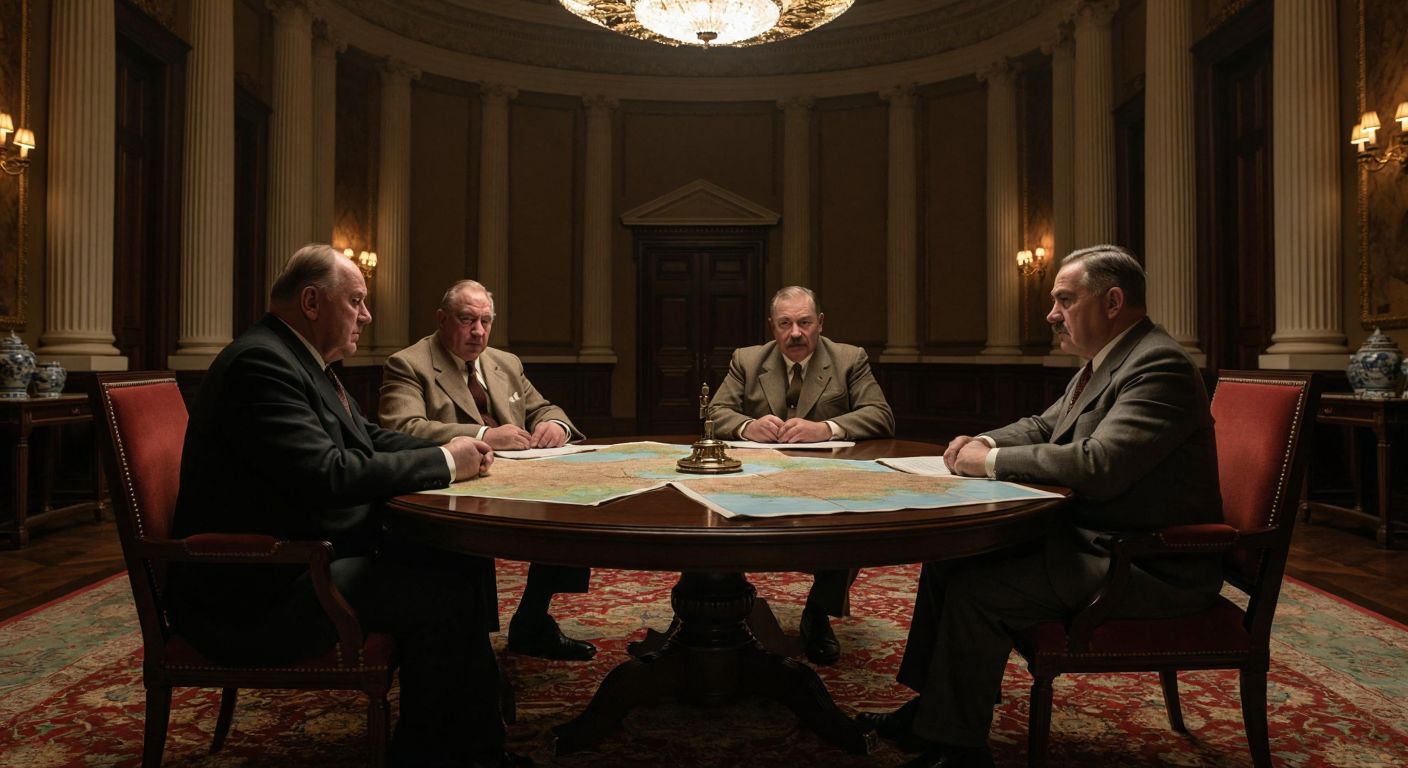 A solemn meeting of three world leaders—Churchill, Roosevelt, and Stalin—sitting at a round table in a grand, dimly lit hall, with maps of Europe spread before them, their expressions tense and contemplative.