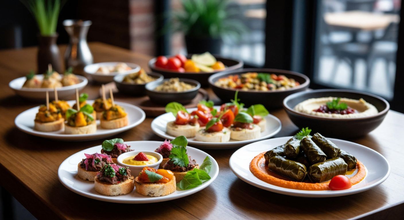 A wooden table set with small plates of colorful French hors d'oeuvres like canapés and pâté beside vibrant Mediterranean mezze dishes like hummus, dolma, and stuffed grape leaves, under warm Turkish cafe lighting.