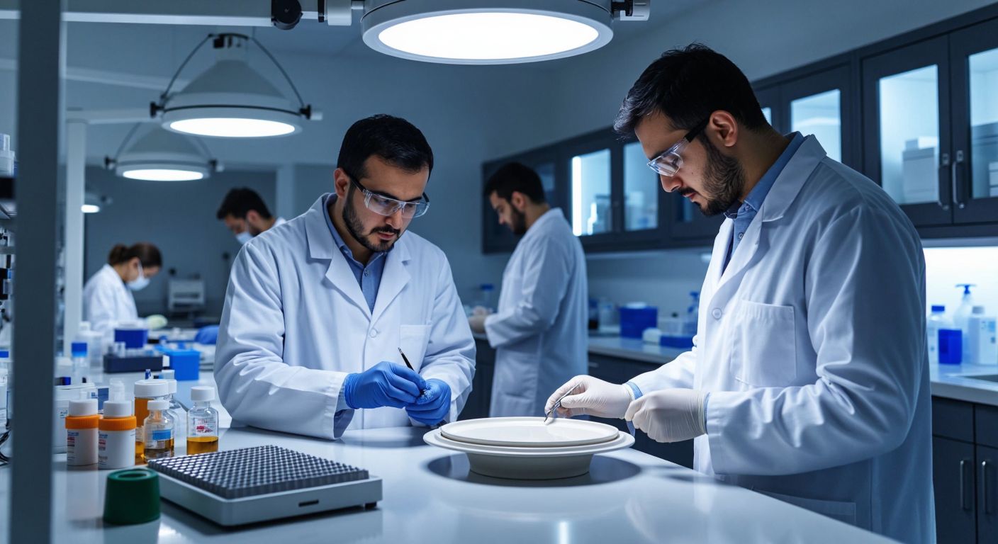 A modern Turkish laboratory with professionals in white coats meticulously inspecting a ceramic plate under bright lights, symbolizing quality control and standardization.