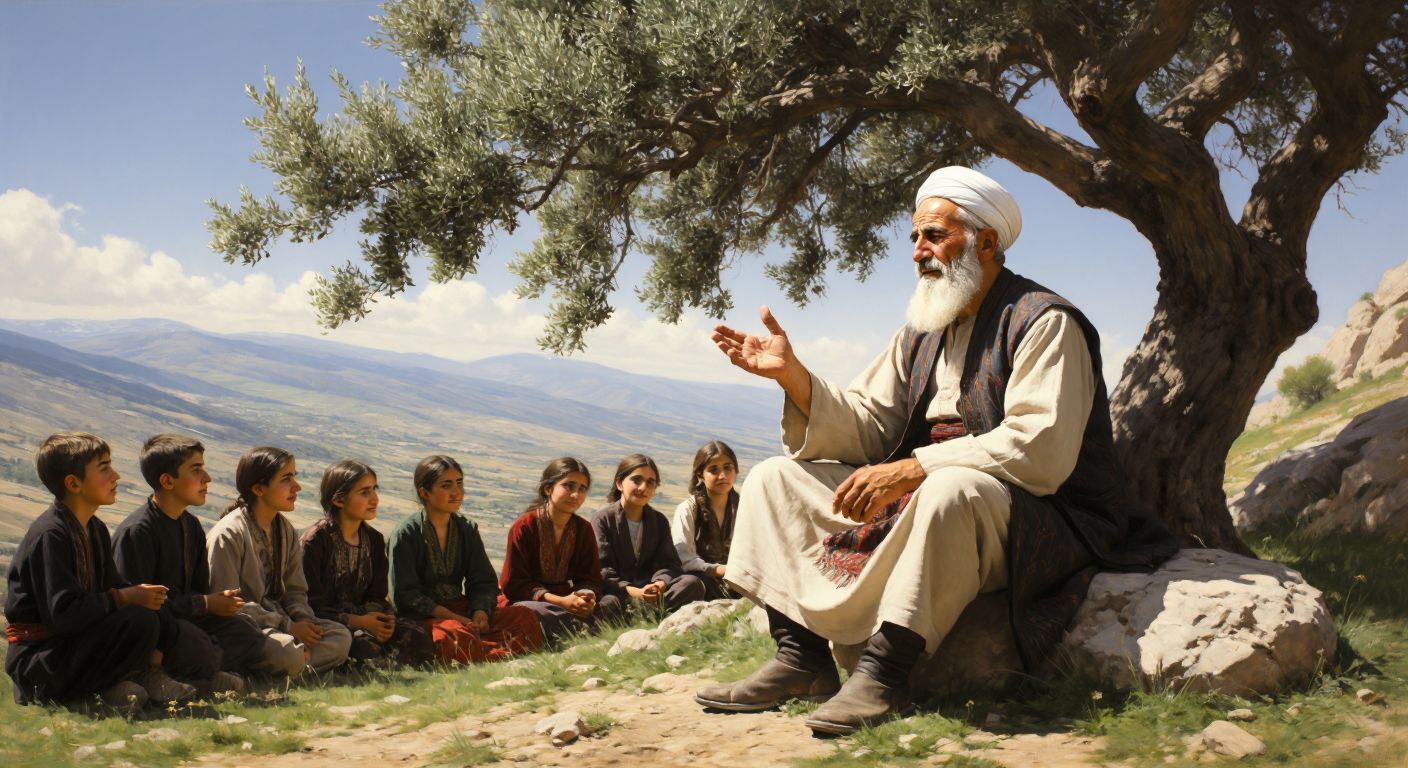 An elderly Turkish poet in traditional attire sits under an olive tree, gesturing thoughtfully while reciting verses to a group of attentive young students gathered on a sunlit Anatolian hillside.