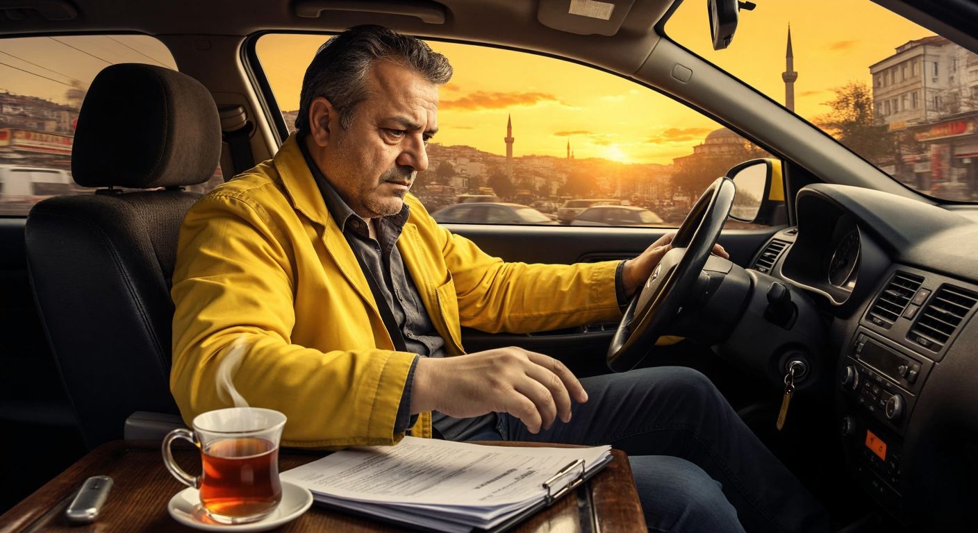 A determined middle-aged man in a yellow taxi cab in Istanbul, holding a steering wheel with one hand and typing on a laptop with the other, surrounded by paperwork and a steaming cup of Turkish tea.