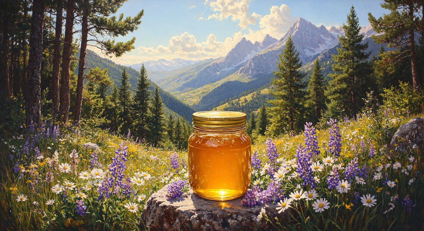 A golden jar of honey glistening in sunlight, surrounded by wildflowers and pine trees, with the rugged silhouette of the Taurus Mountains in the background, evoking the lush highland meadows of Mersin.