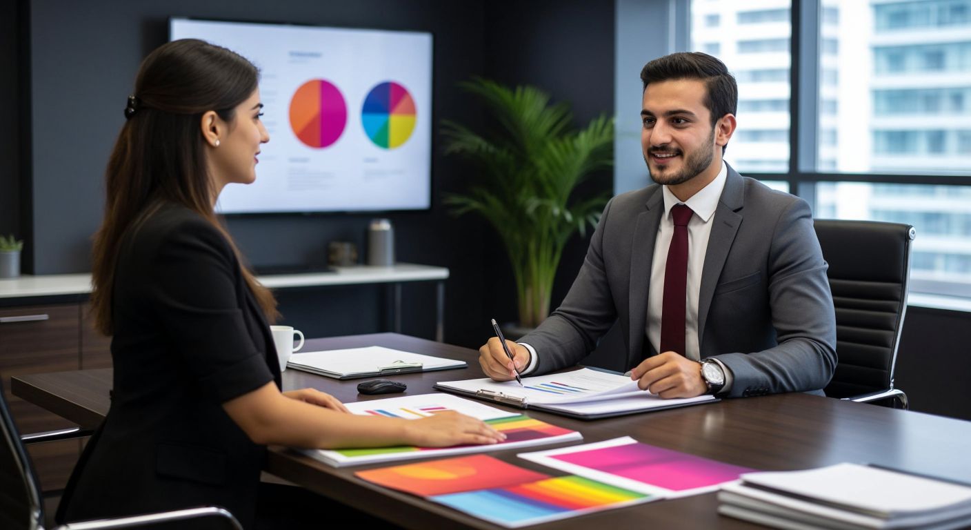 A confident Turkish professional in a sleek office setting presents a neatly organized portfolio to attentive interviewers, showcasing colorful project samples and skill demonstrations.