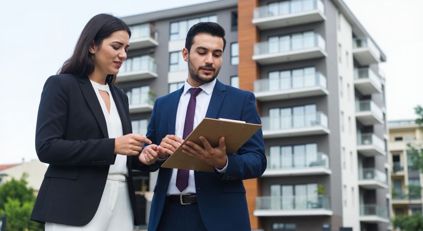 A Turkish real estate agent in a formal suit stands in front of a modern apartment building in Istanbul, holding a clipboard while discussing property valuation with a client, both wearing expressions of focused negotiation.