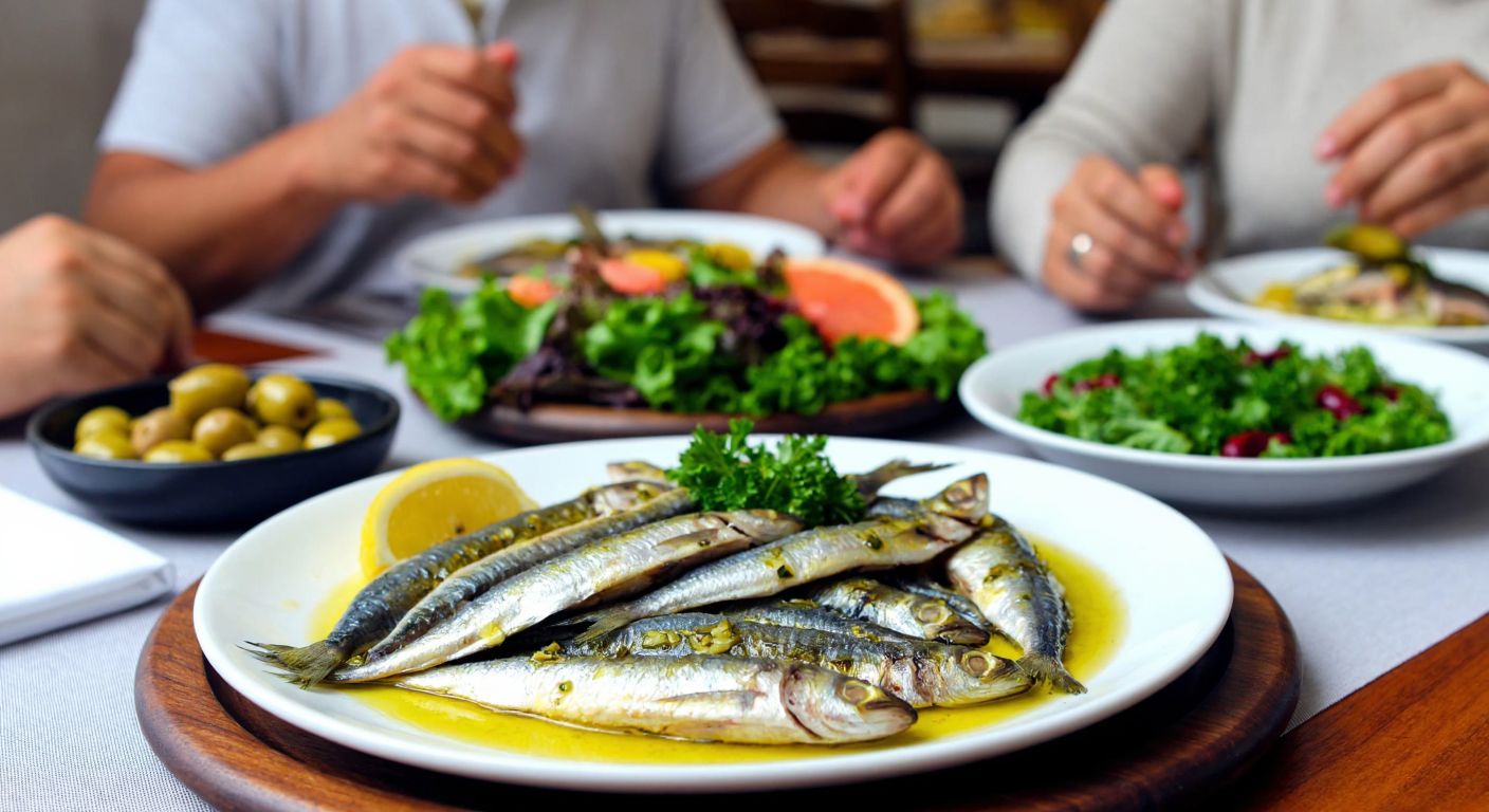 A Turkish dining table set with a plate of fresh anchovies drizzled with olive oil and lemon, surrounded by vibrant greens, a bowl of olives, and a smiling family sharing the meal.