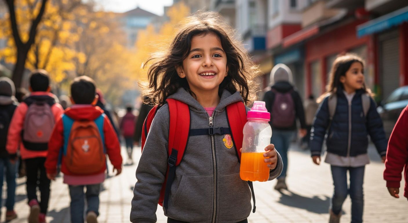 A young girl with dark hair and a bright backpack happily sips from a colorful water bottle while walking to school on a sunny morning in Istanbul, surrounded by other children and the sounds of the city.