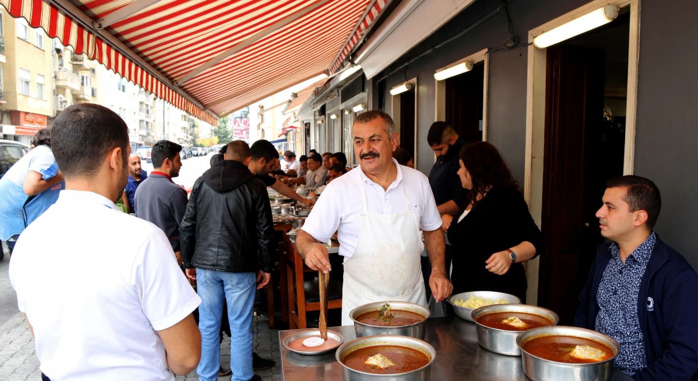 A bustling street-side eatery in İzmir's Karşıyaka district, with a middle-aged Turkish man in a white apron proudly serving steaming bowls of beyran soup to eager customers under a striped awning.