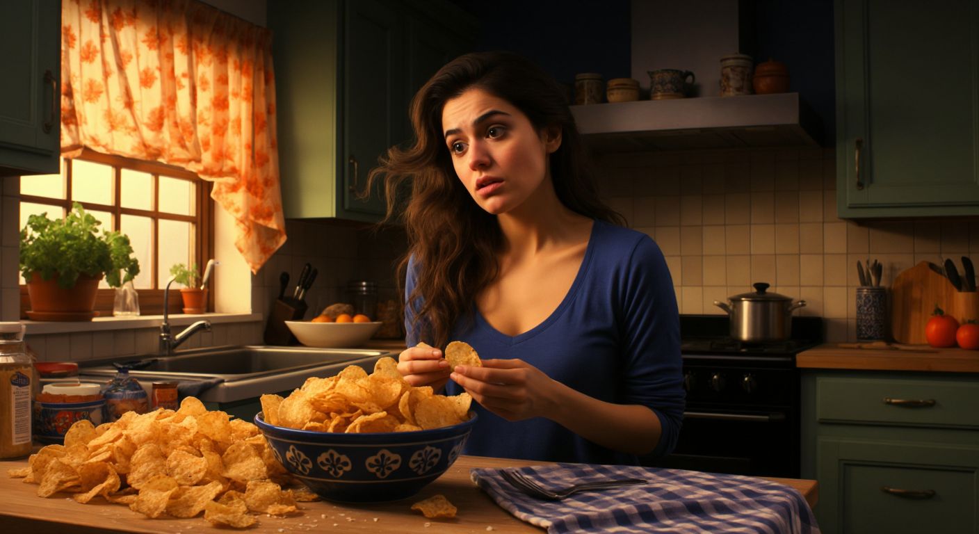 A Turkish woman in a cozy kitchen hesitantly holds a bag of Ruffles onion-flavored chips while glancing at a bowl of fresh salad, her expression torn between temptation and caution.