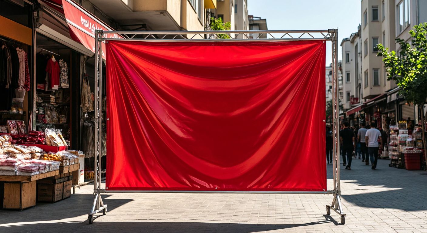 A vibrant red vinyl banner stretched taut over a metal frame, displayed outside a bustling shop in Istanbul, with sunlight reflecting off its glossy surface.