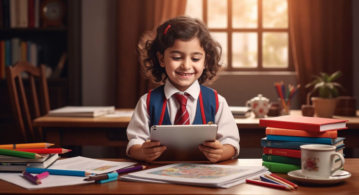A cheerful Turkish child in a school uniform sits at a wooden desk, eagerly browsing a tablet with a stack of English test papers beside them, surrounded by colorful stationery and a steaming cup of Turkish tea.