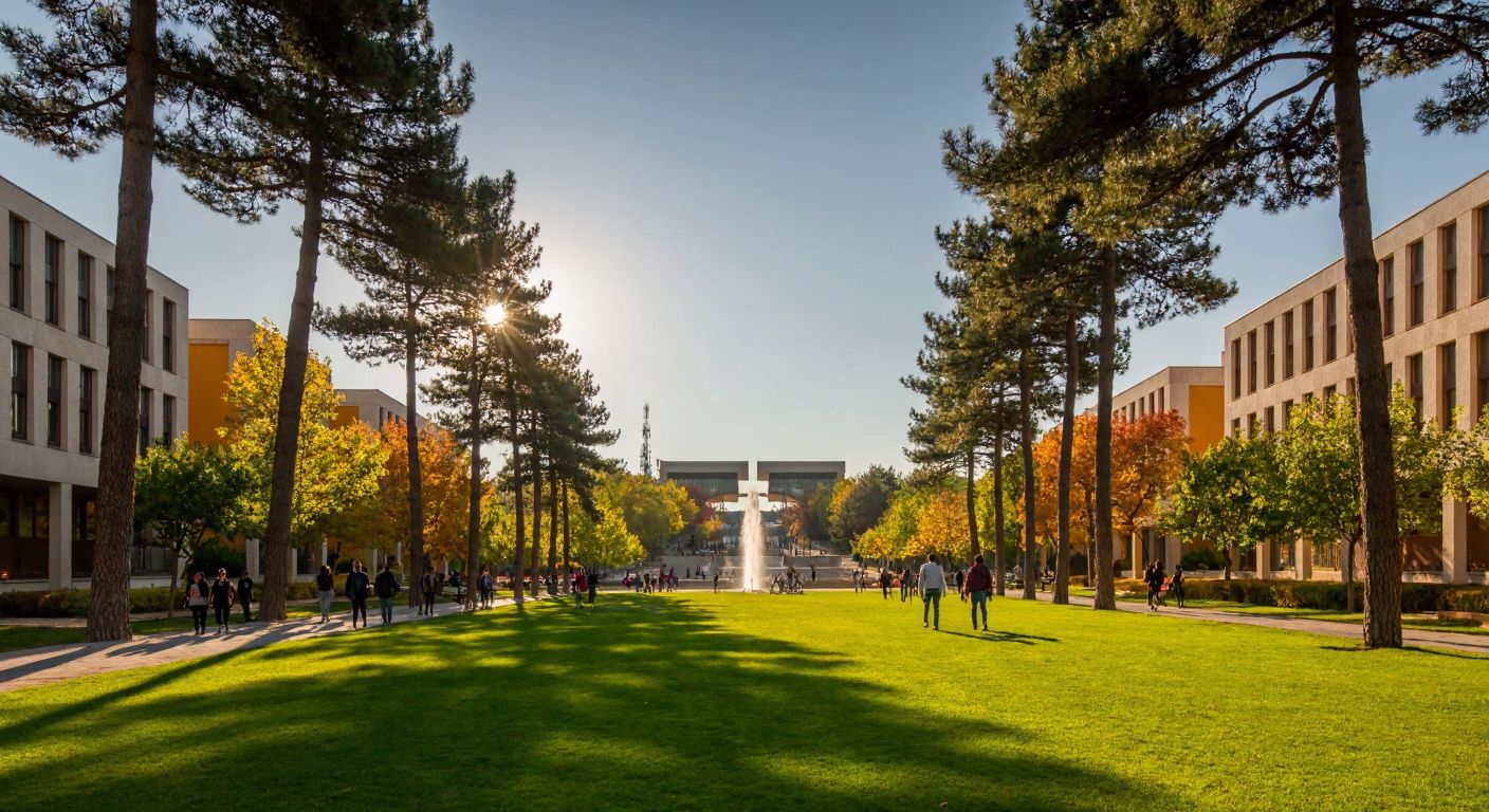A sunlit university campus in Ankara with modern academic buildings, green lawns, and students walking under tall pine trees, reflecting the vibrant atmosphere of ODTÜ's main campus.