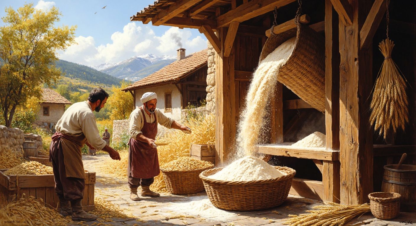 A rustic wooden mill in a sunlit Turkish village, with golden wheat pouring from a burlap sack into the grinding mechanism, while a farmer in traditional clothing watches with satisfaction as fresh flour collects in a woven basket below.