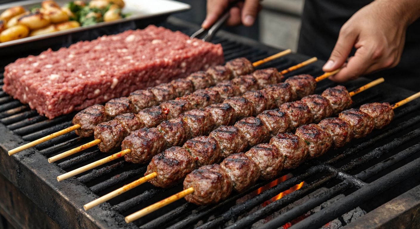A close-up of sizzling Adana kebab skewers, glistening with fat and spices, arranged on a charcoal grill beside a mound of freshly minced meat, with a Turkish chef’s hands shaping the mixture onto skewers.