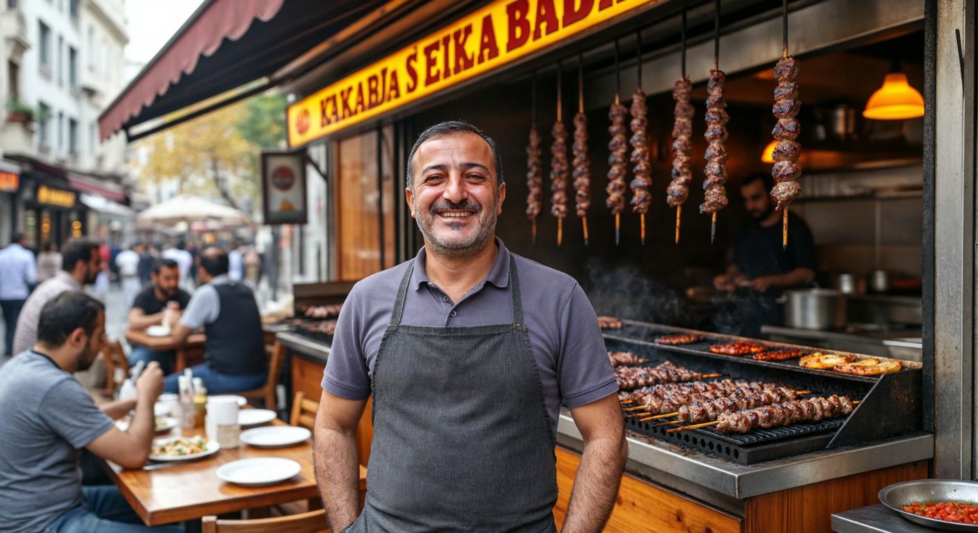 A smiling middle-aged Turkish man, Faruk Altun, stands proudly in front of his bustling kebab restaurant in Taksim, with sizzling skewers of meat on a grill behind him and customers enjoying their meals at wooden tables.