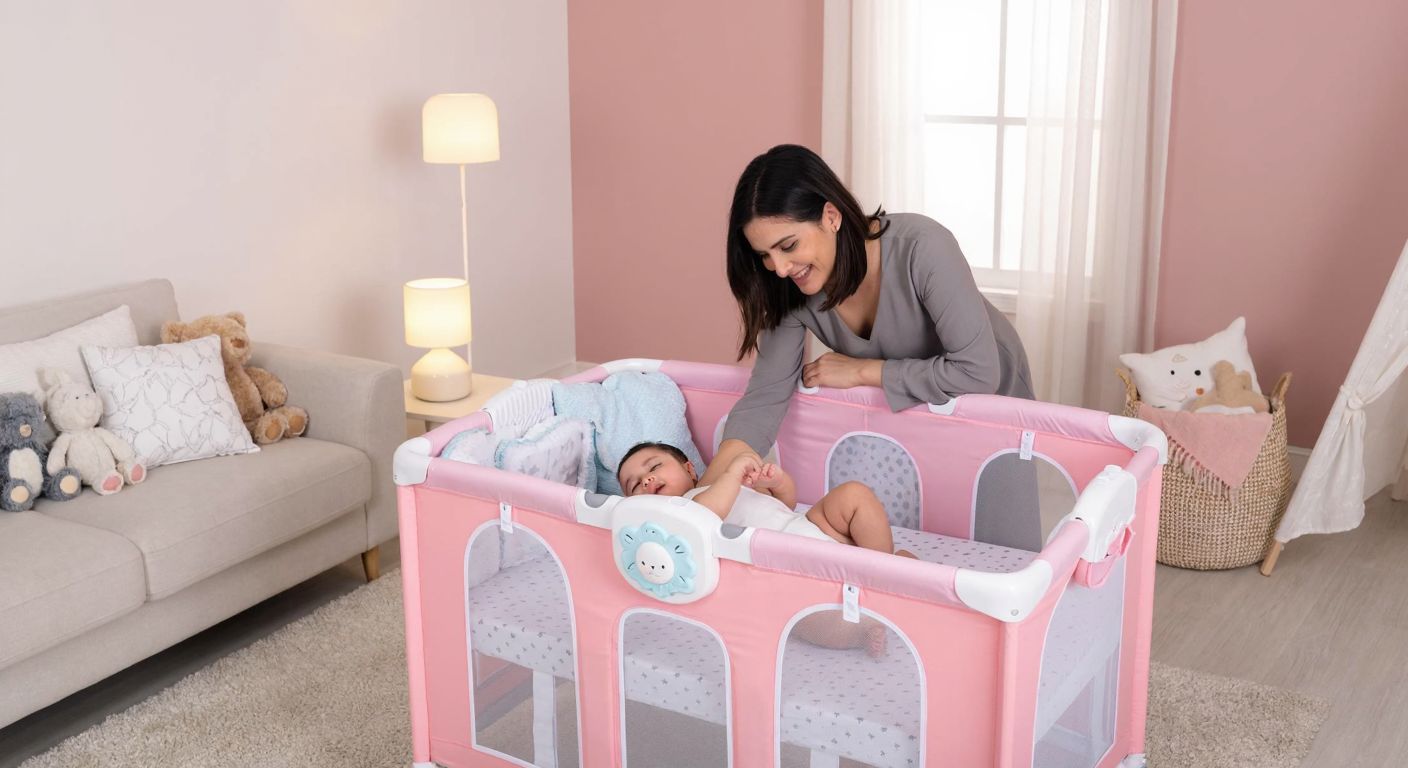 A cozy, pastel-colored nursery in a Turkish home, where a smiling mother gently places her sleeping baby into a soft, multi-functional Huggy Napp 8in1 playpen-bed, surrounded by plush toys and warm lamplight.