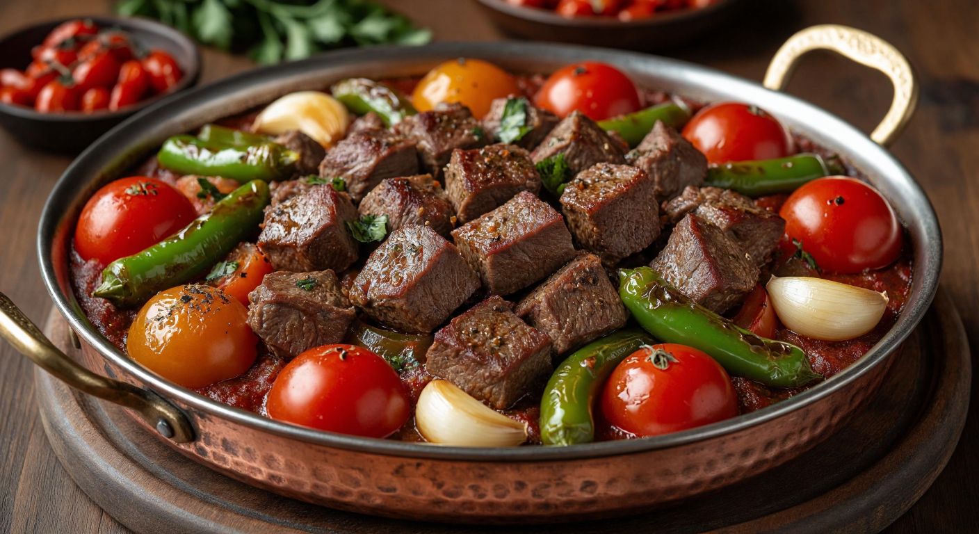 A sizzling copper pan filled with tender lamb cubes, ripe tomatoes, green peppers, and whole garlic cloves, glistening with melted margarine and sprinkled with aromatic spices, evoking the rich flavors of Osmaniye’s traditional *zorkun tava*.