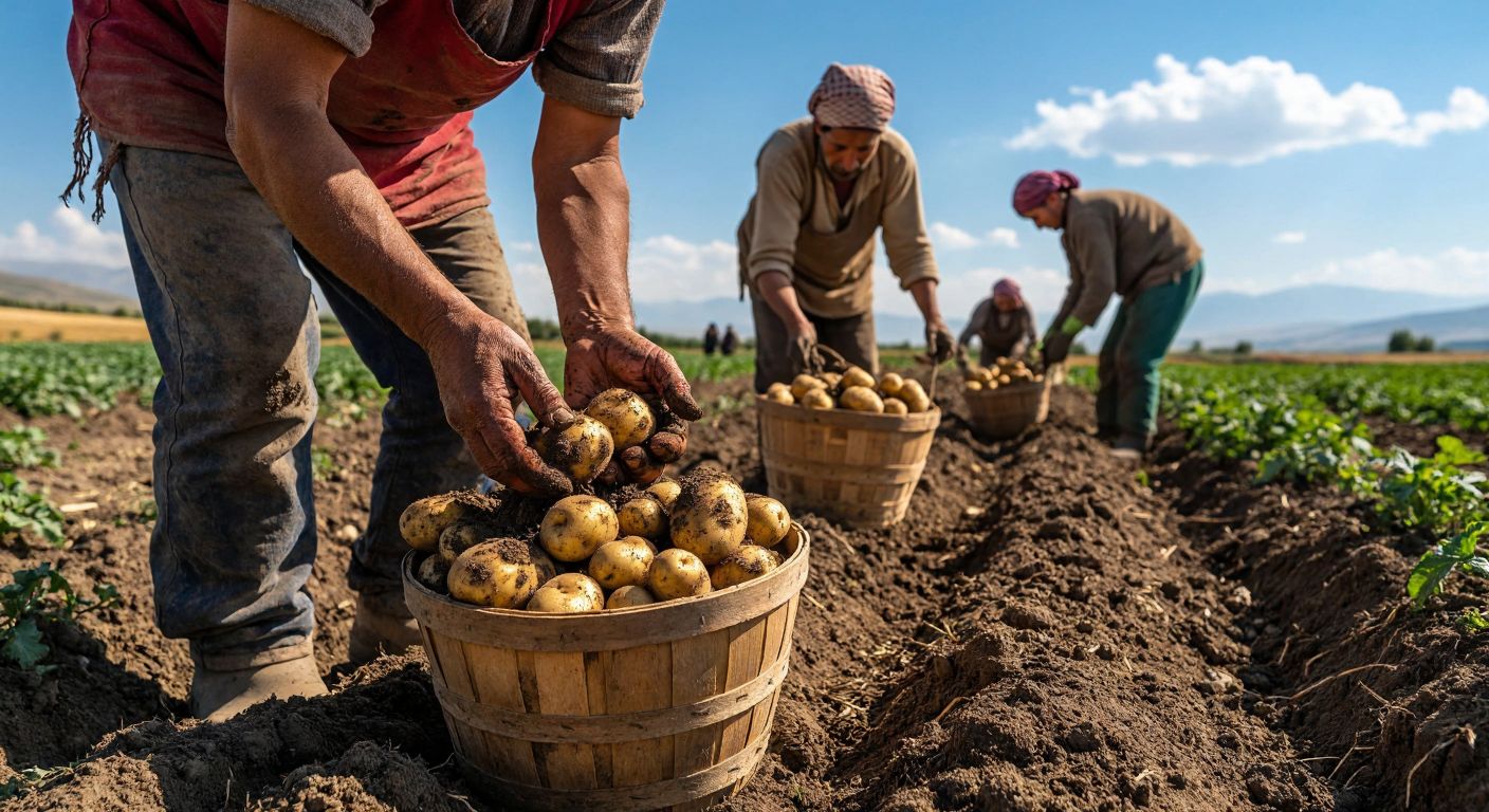 A sunlit field in Niğde with farmers in traditional work clothes harvesting potatoes, their hands covered in soil, and baskets filled with freshly dug potatoes under a bright summer sky.