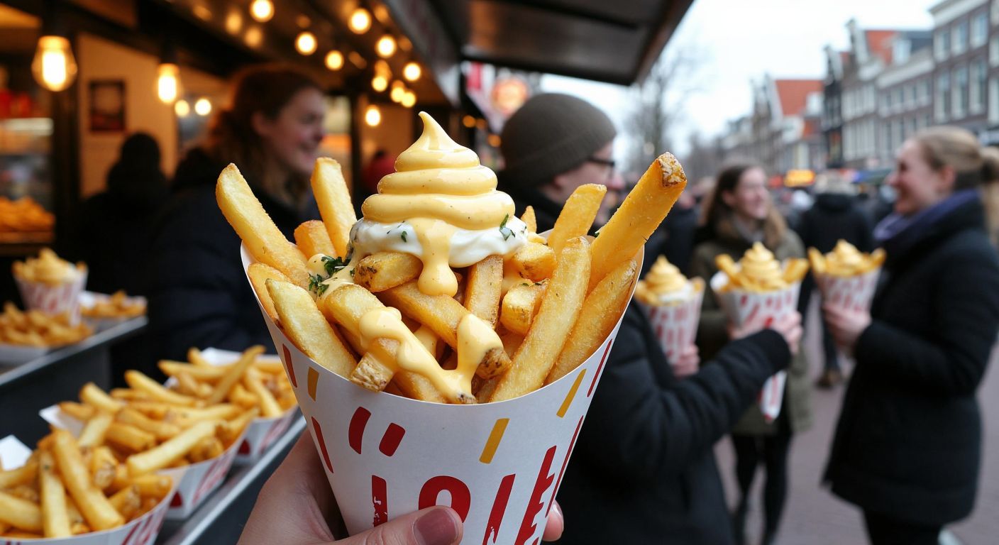 A bustling Amsterdam street food stall with golden, crispy fries piled high in a paper cone, drizzled with creamy mayonnaise and topped with a dollop of bright yellow mustard, surrounded by cheerful locals holding similar cones.