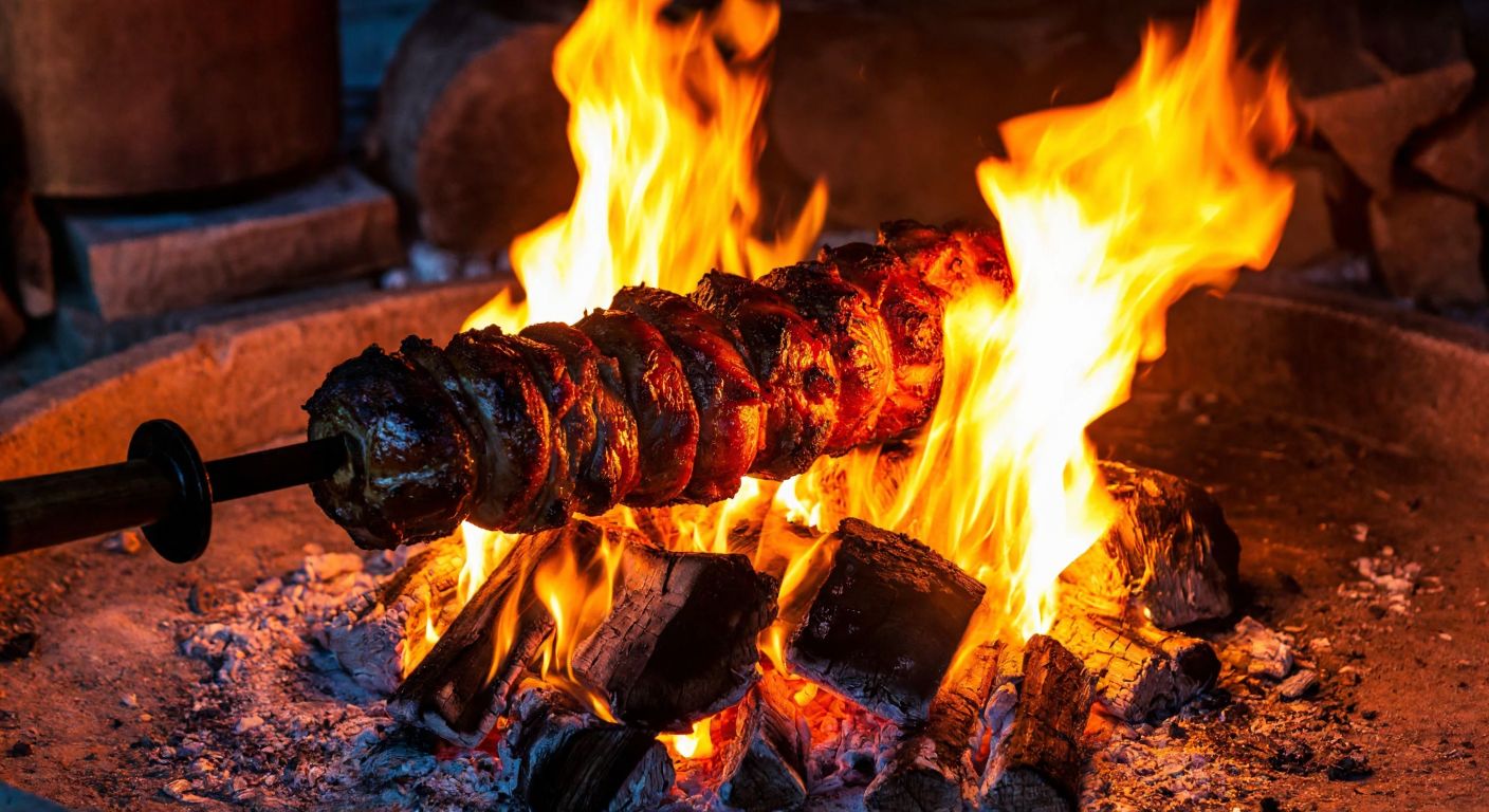 A glowing wood fire with a slowly rotating vertical spit of stacked meat, juices dripping onto hot embers, surrounded by the warm glow of flames in a rustic outdoor setting.