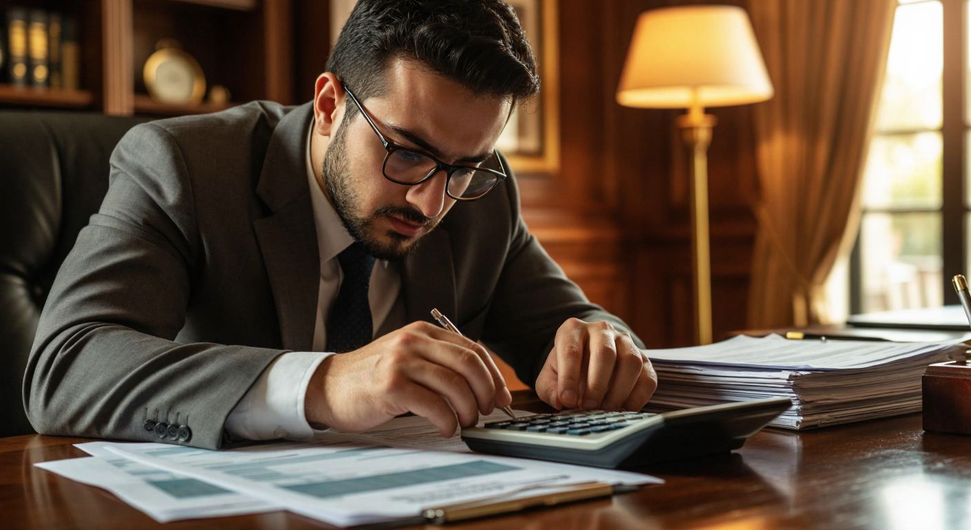 A focused Turkish accountant in a formal office setting, wearing glasses and a suit, carefully reviewing financial documents with a calculator and a stack of tax forms on a wooden desk, under warm lighting.