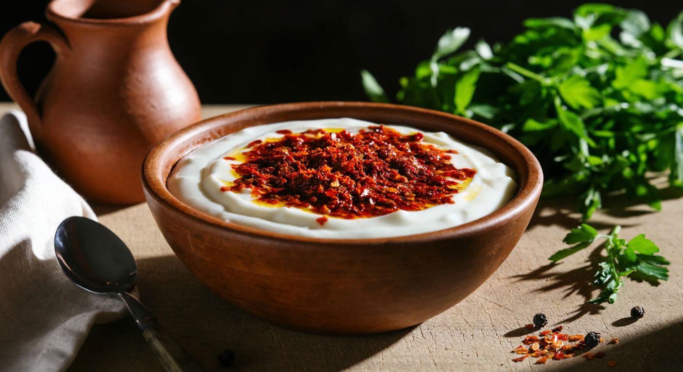 A rustic wooden bowl filled with creamy white yogurt topped with a vibrant red sprinkle of isot pepper, placed on a sunlit table with fresh herbs and a clay pitcher nearby, evoking warmth and tradition.
