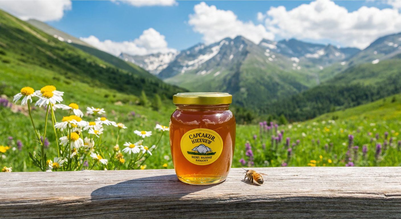 A golden jar of Çapakçur honey resting on a wooden table in front of a lush green Bingöl mountain meadow, with wildflowers and bees buzzing nearby, evoking purity and natural richness.