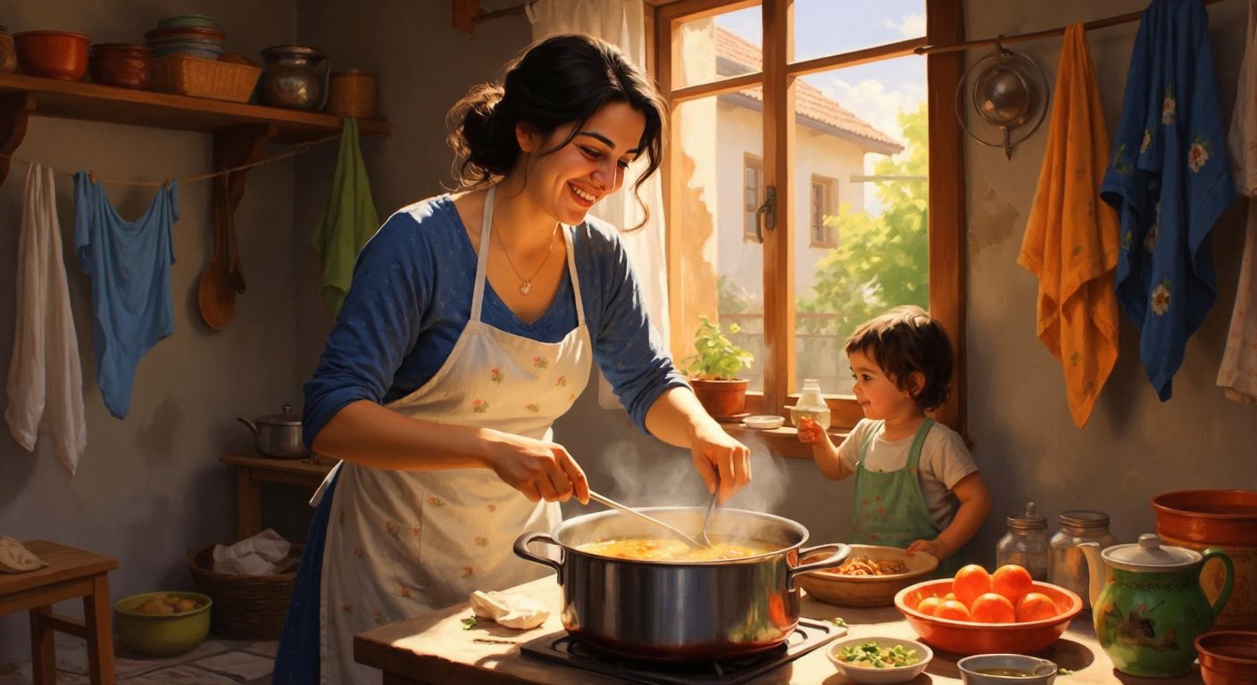 A Turkish woman in a cozy home setting, wearing an apron, smiling as she stirs a pot of simmering food while a child plays nearby and fresh laundry hangs in the background.