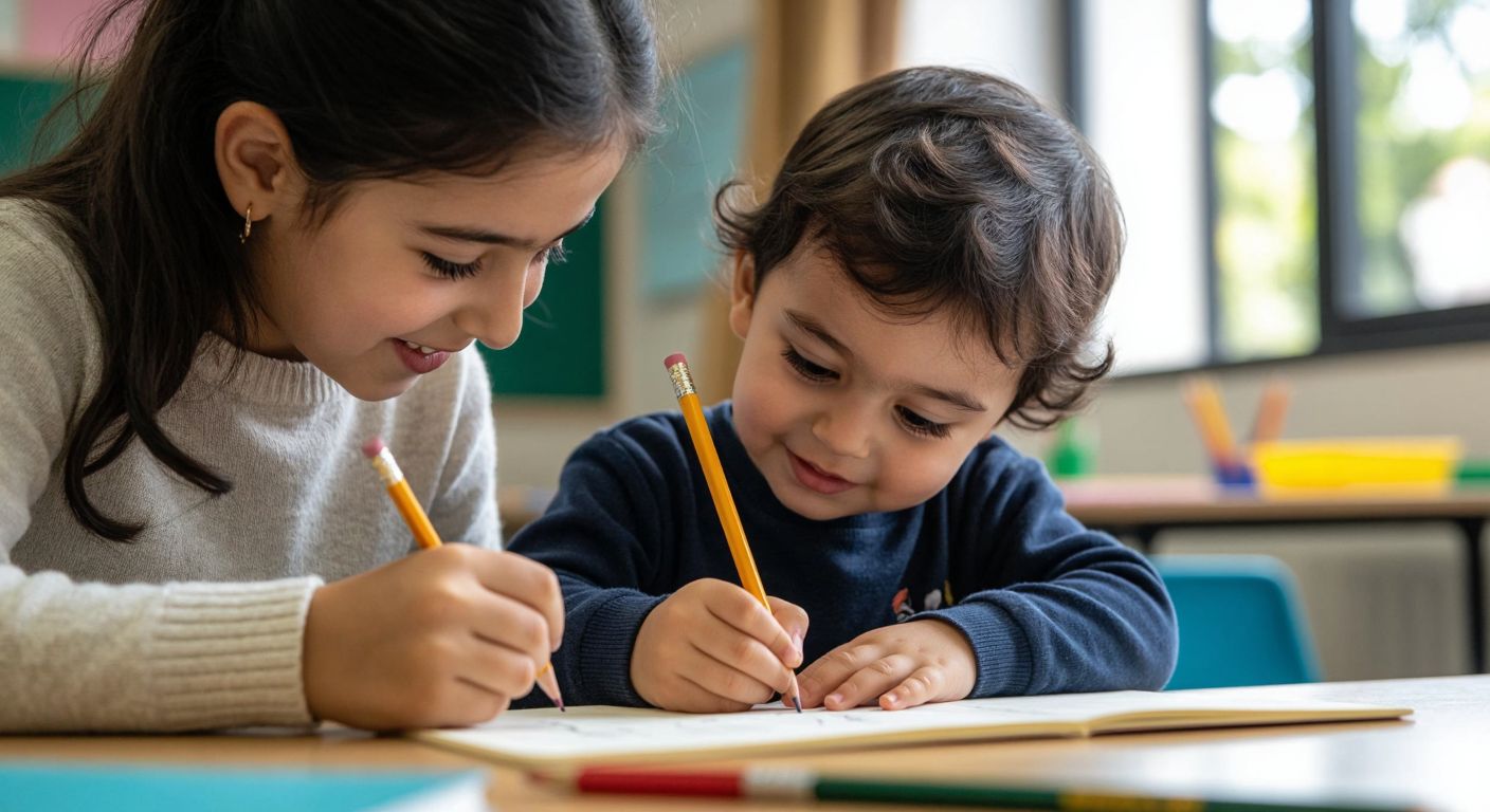 A young Turkish child in a bright classroom carefully practicing cursive writing with a pencil, their small hands gripping it with determination, while a smiling teacher gently guides their wrist.
