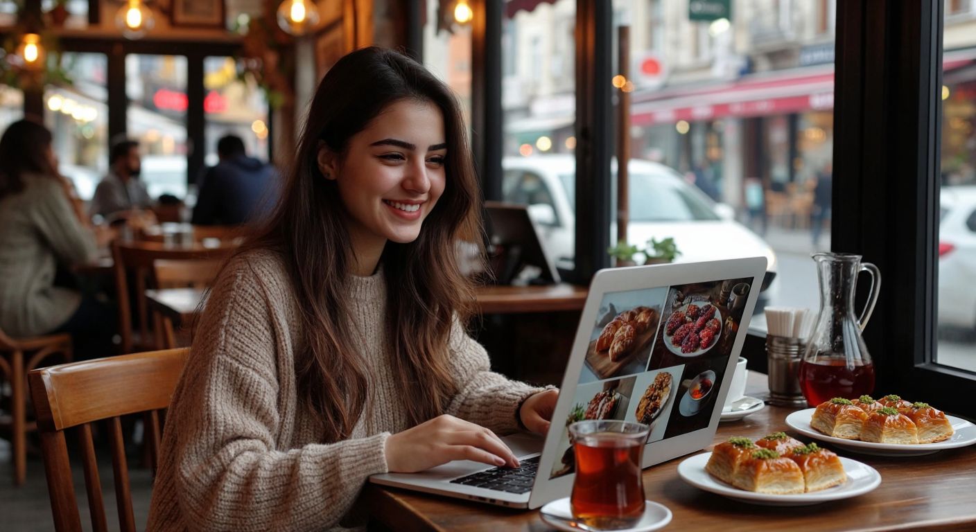 A young Turkish woman in a cozy Istanbul café, smiling while editing vibrant food photos on her laptop, surrounded by a notebook, a steaming cup of Turkish tea, and a plate of baklava.